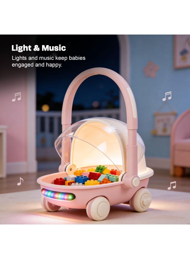 BAYBEE Kids Shopping Cart with Push Walker & Storage Basket | Light & Music Baby Walker for 6+ Months | Foldable Adjustable Handle, Lockable Wheels & Closing Lid | Toy Cart Walker for Toddlers & Babies Pink - Image 4