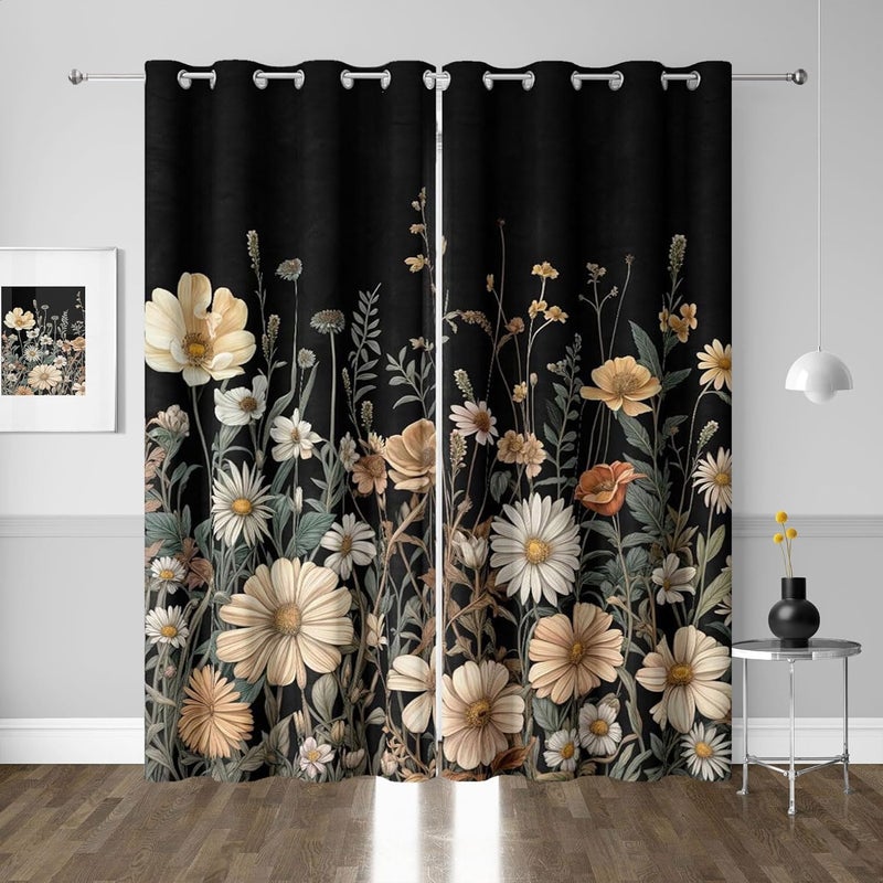 GOAOK Vintage Boho Floral Blackout Curtains, Cute Retro Bohemian Flower Botanical Aesthetic Grommet Drapes 2 Panels, Unique Dark Wildflower Rustic Farmhouse Window Panels Darkening Curtain, 52x84 - Image 1