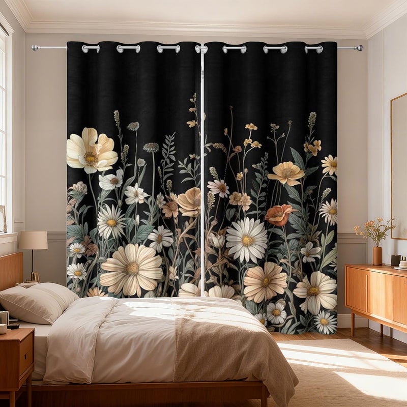 GOAOK Vintage Boho Floral Blackout Curtains, Cute Retro Bohemian Flower Botanical Aesthetic Grommet Drapes 2 Panels, Unique Dark Wildflower Rustic Farmhouse Window Panels Darkening Curtain, 52x84 - Image 3