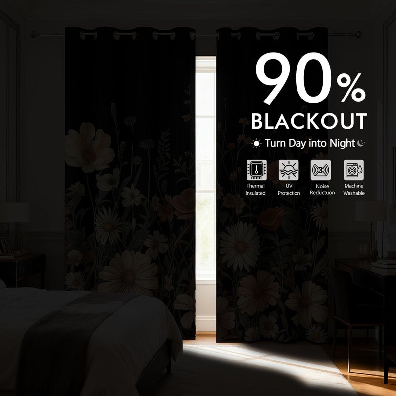 GOAOK Vintage Boho Floral Blackout Curtains, Cute Retro Bohemian Flower Botanical Aesthetic Grommet Drapes 2 Panels, Unique Dark Wildflower Rustic Farmhouse Window Panels Darkening Curtain, 52x84 - Image 5