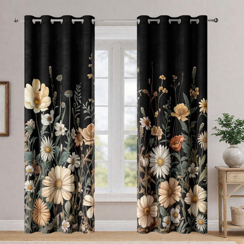 GOAOK Vintage Boho Floral Blackout Curtains, Cute Retro Bohemian Flower Botanical Aesthetic Grommet Drapes 2 Panels, Unique Dark Wildflower Rustic Farmhouse Window Panels Darkening Curtain, 52x84 - Image 2