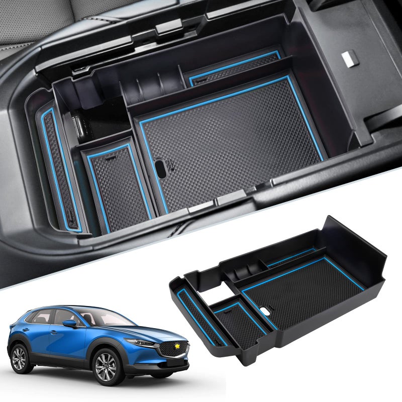 SKTU for 20202026 Mazda CX30 Center Console Organizer 2023 2024 2025 2026 CX30 Accessories 2024 2025 2026 CX30 Center Console Tray Armrest Secondary Storage Box with Coin Holder Blue