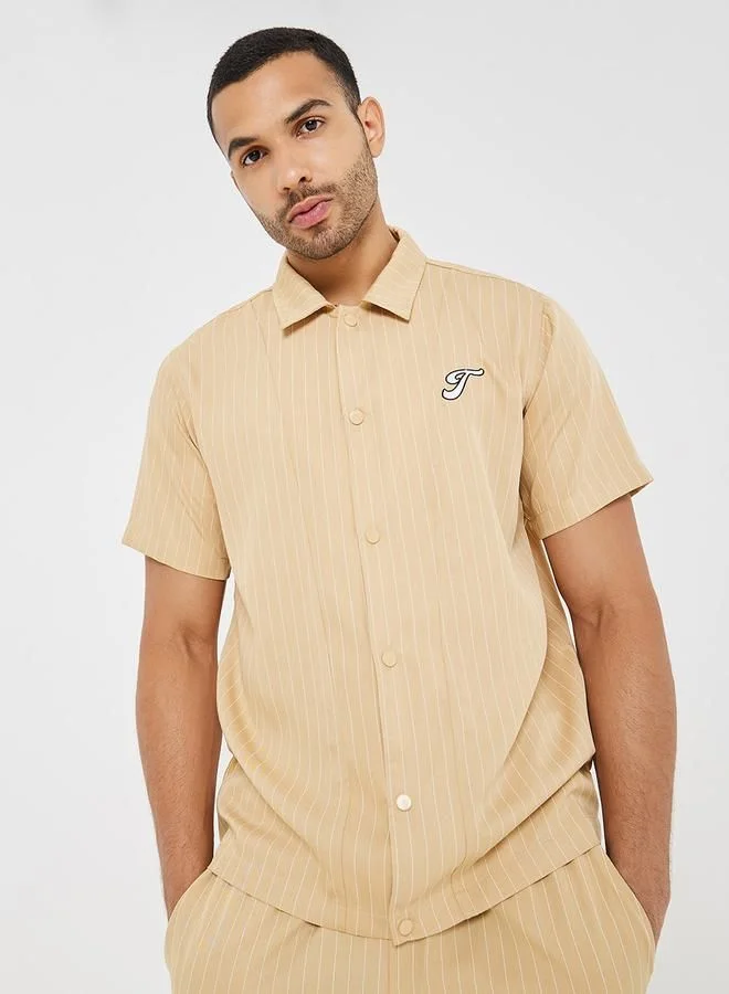 Styli Striped Relaxed Fit Shirt with Embroidery Badge
