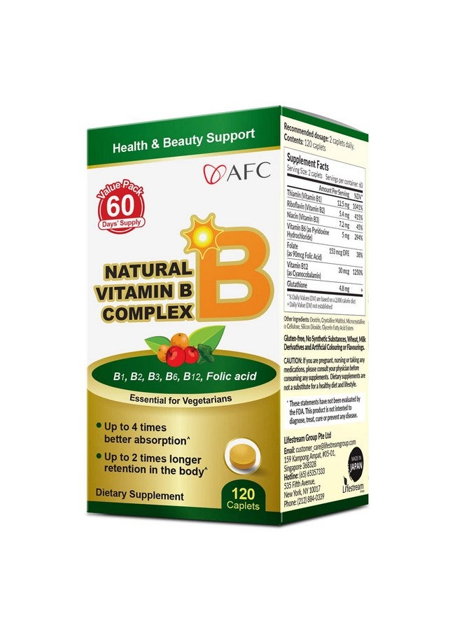 Afc مجمع فيتامين ب الطبيعي من AFC اليابان مع B1 و B2 و B3 و B6 و B12 وحمض الفوليك ومستخلص خميرة الجلوتاثيون، بدون مواد صناعية، غير معدلة وراثيًا، مكمل للتوتر والطاقة والمناعة والجهاز العصبي، 120 قرص نباتي - Image 1