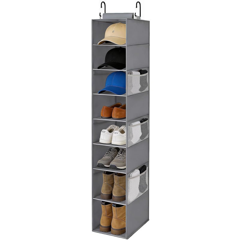VERONLY Hanging Shoe Organizer for Closet,8-Shelf Hanging Storage with Side Mesh Pockets,Wider Shelves for Baseball Caps,Clothes (9" W Ã— 11.8" D Ã— 54" H) Grey - Image 1