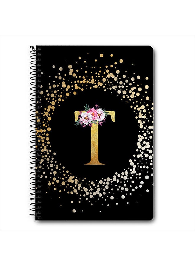 Stylizedd Designer A5 Spiral Notebook Memo Notepad Journal - Custom Monogram Initial Letter Floral Pattern Alphabet - T - Black  - Image 1