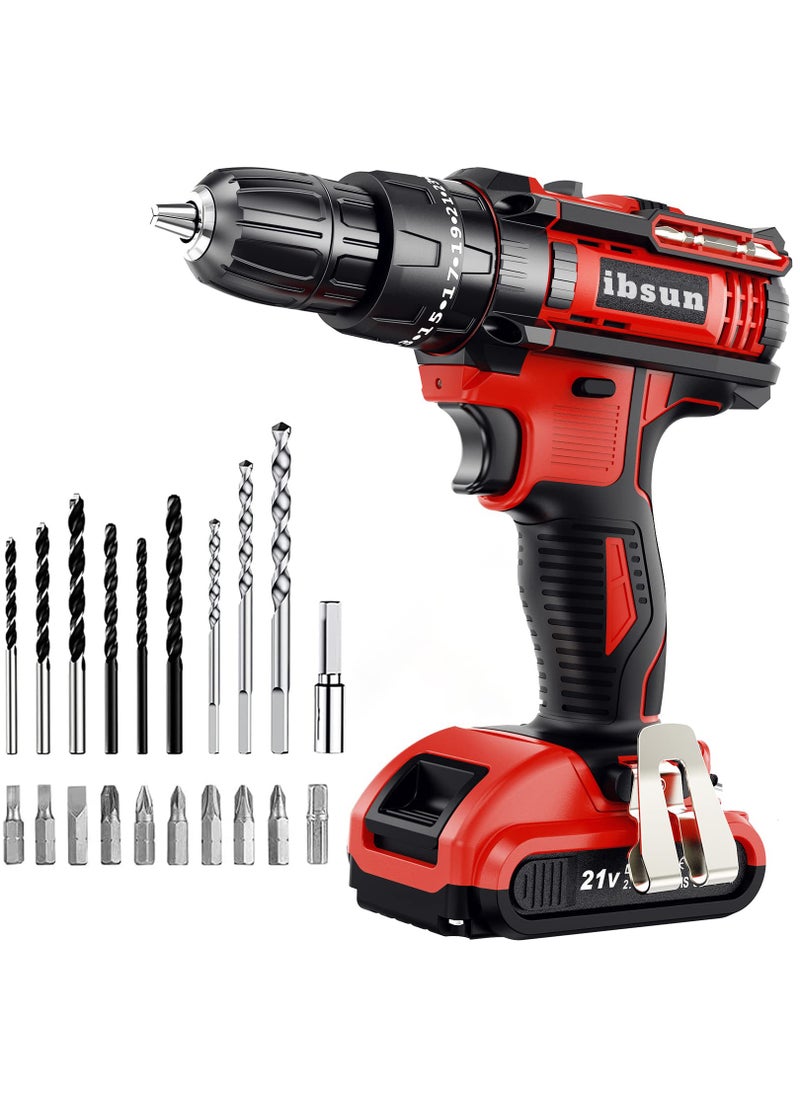 ibsun - Cordless Drill Driver 21V, Cordless Hammer Drill with 1 Batteries 2.0Ah, 25+3 Torque, 42N.m Max Electric Drill, 2 Speed, LED Light for Home and Garden DIY Project - Image 1