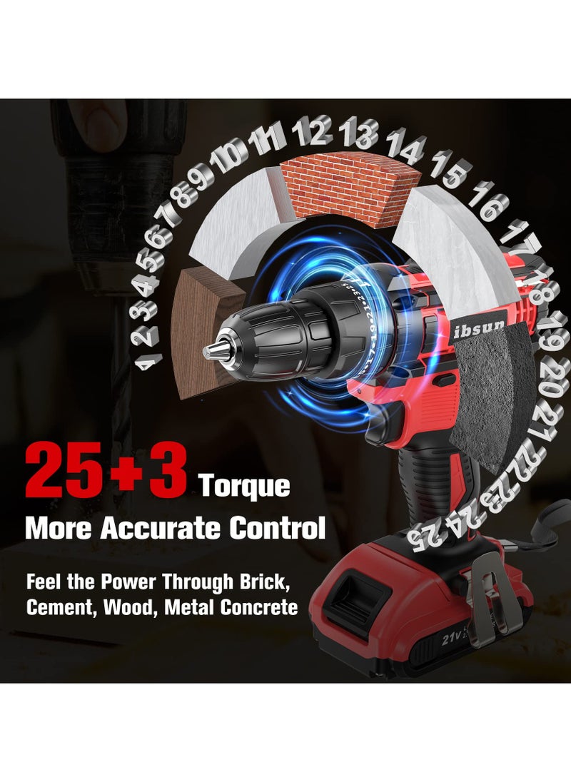 ibsun - Cordless Drill Driver 21V, Cordless Hammer Drill with 1 Batteries 2.0Ah, 25+3 Torque, 42N.m Max Electric Drill, 2 Speed, LED Light for Home and Garden DIY Project - Image 1