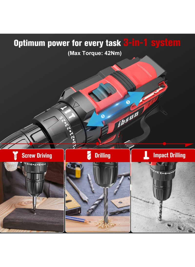 ibsun - Cordless Drill Driver 21V, Cordless Hammer Drill with 1 Batteries 2.0Ah, 25+3 Torque, 42N.m Max Electric Drill, 2 Speed, LED Light for Home and Garden DIY Project - Image 1