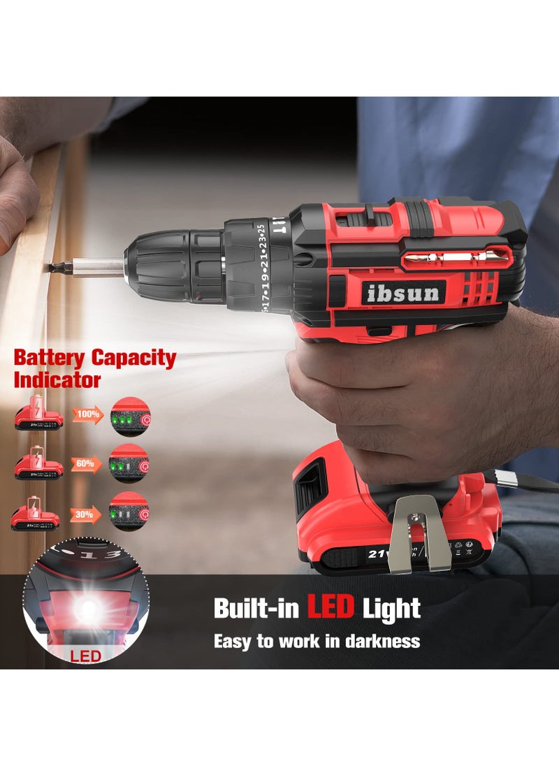 ibsun - Cordless Drill Driver 21V, Cordless Hammer Drill with 1 Batteries 2.0Ah, 25+3 Torque, 42N.m Max Electric Drill, 2 Speed, LED Light for Home and Garden DIY Project - Image 1