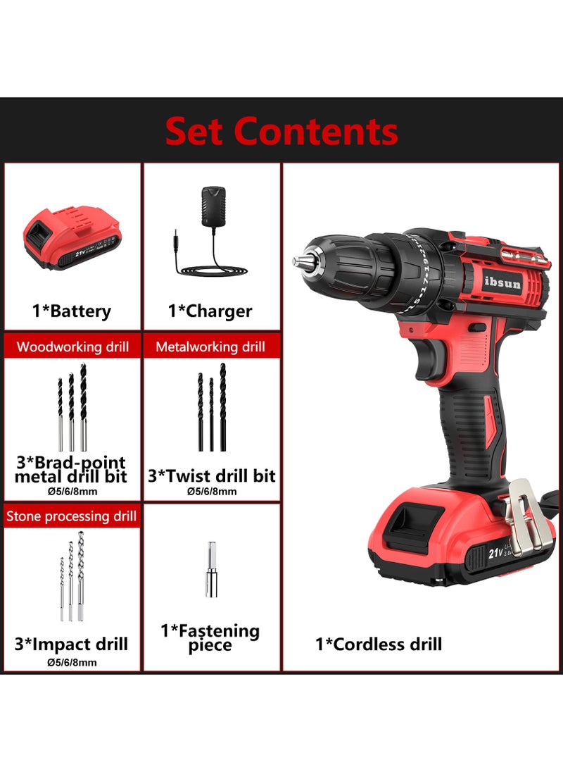 ibsun - Cordless Drill Driver 21V, Cordless Hammer Drill with 1 Batteries 2.0Ah, 25+3 Torque, 42N.m Max Electric Drill, 2 Speed, LED Light for Home and Garden DIY Project - Image 1
