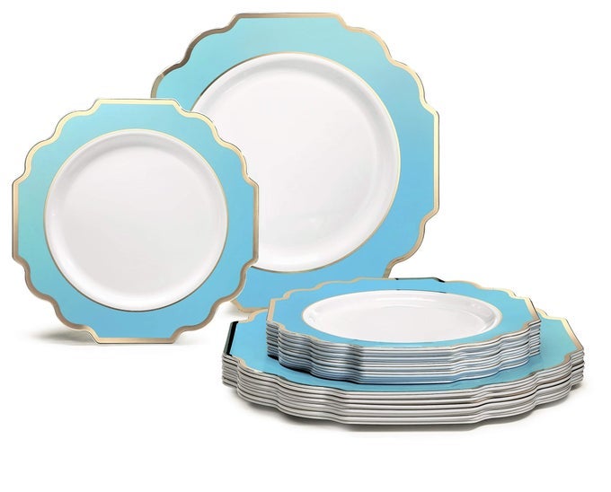 OCCASIONS 50 PLATES PACK 25 GUESTSHEAVYWEIGHT WEDDING PARTY DISPOSABLE PLASTIC PLATE SET 25X105 DINNER 25X8 SALADDESSERT IMPERIAL AQUAGOLD