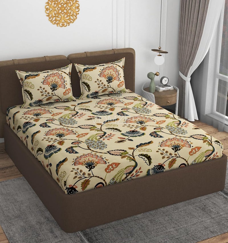 VOMZER Cotton Feel Glace Cotton Elastic Fitted Printed King Size Double Bed Bedsheet with 2 Pillow Coverm Fits upto 8 inches Mattress,Size- 72x78x10 Inches Beige - Image 2