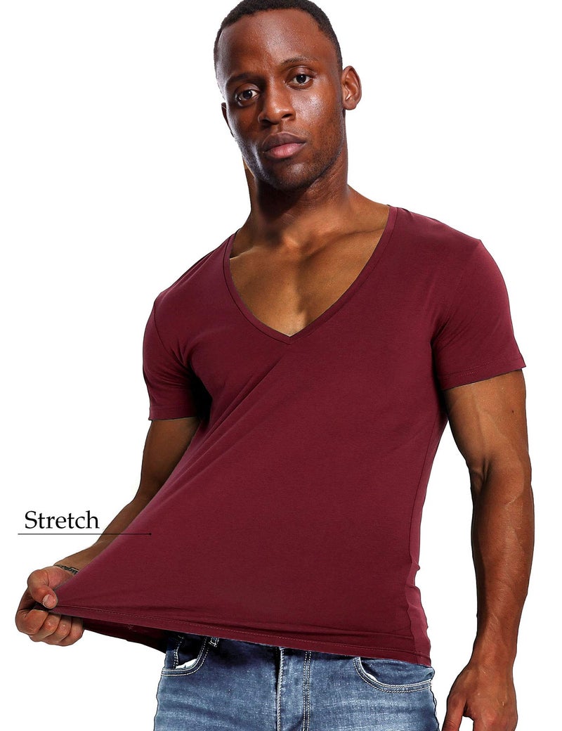 Zbrandy Deep V Neck T Shirt for Men Low Cut Vneck Invisible Tee Vee Top Burgundy Red L - Image 5