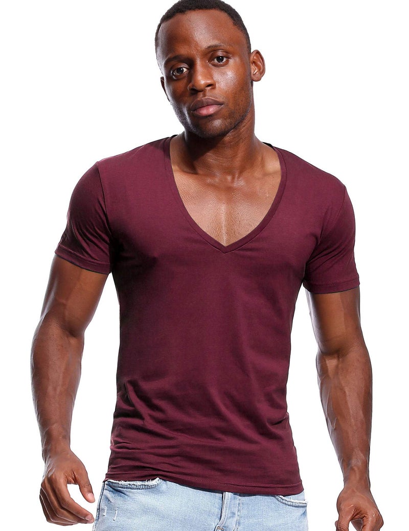 Zbrandy Deep V Neck T Shirt for Men Low Cut Vneck Invisible Tee Vee Top Burgundy Red L - Image 1
