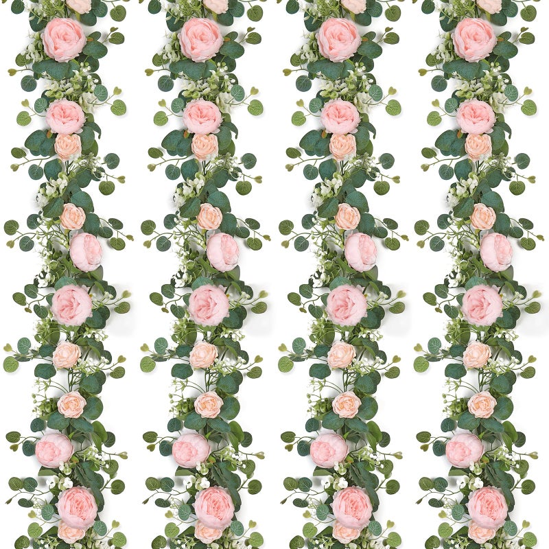 Somyting Artificial Flower Garlands Eucalyptus Garlands With Flowers Rose Peony Flower Vine Faux Floral Garland For Wedding Party Arch Table Wall Backdrop Decoration (Light Pink  4Pcs) - Image 1