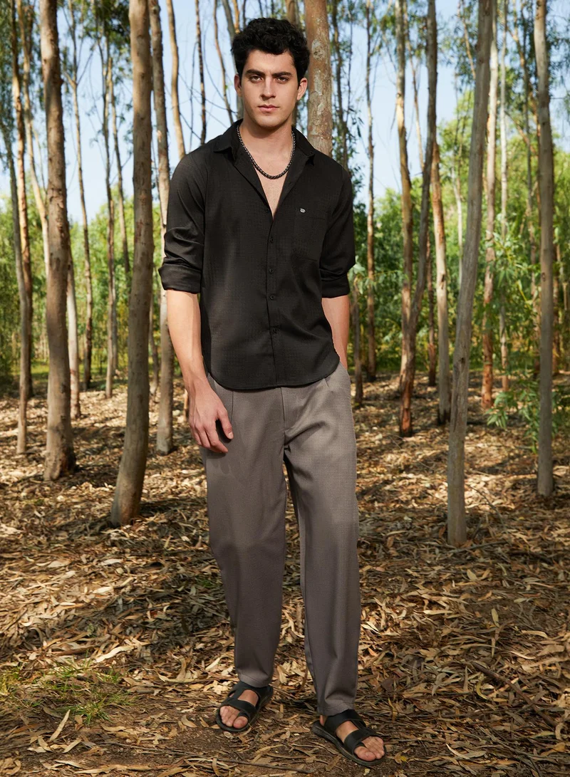Campus Sutra Men's Midnight Black Houndstooth-Tactile Shirt