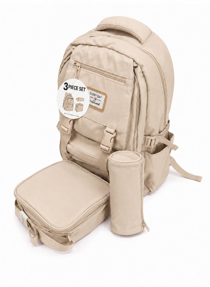 18-Inch Kids School Backpack Set, 3-Piece School Bag with Lunch Bag and Pencil Case, Lightweight Large-Capacity Design, Beige - Image 1