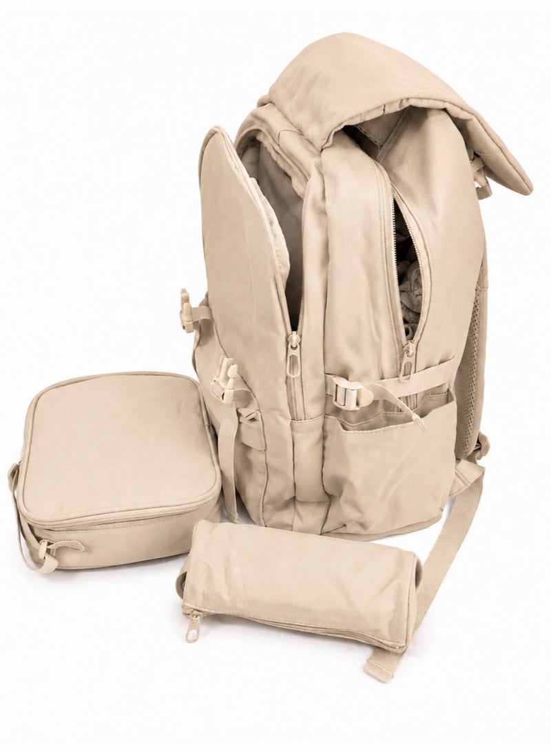 18-Inch Kids School Backpack Set, 3-Piece School Bag with Lunch Bag and Pencil Case, Lightweight Large-Capacity Design, Beige - Image 3