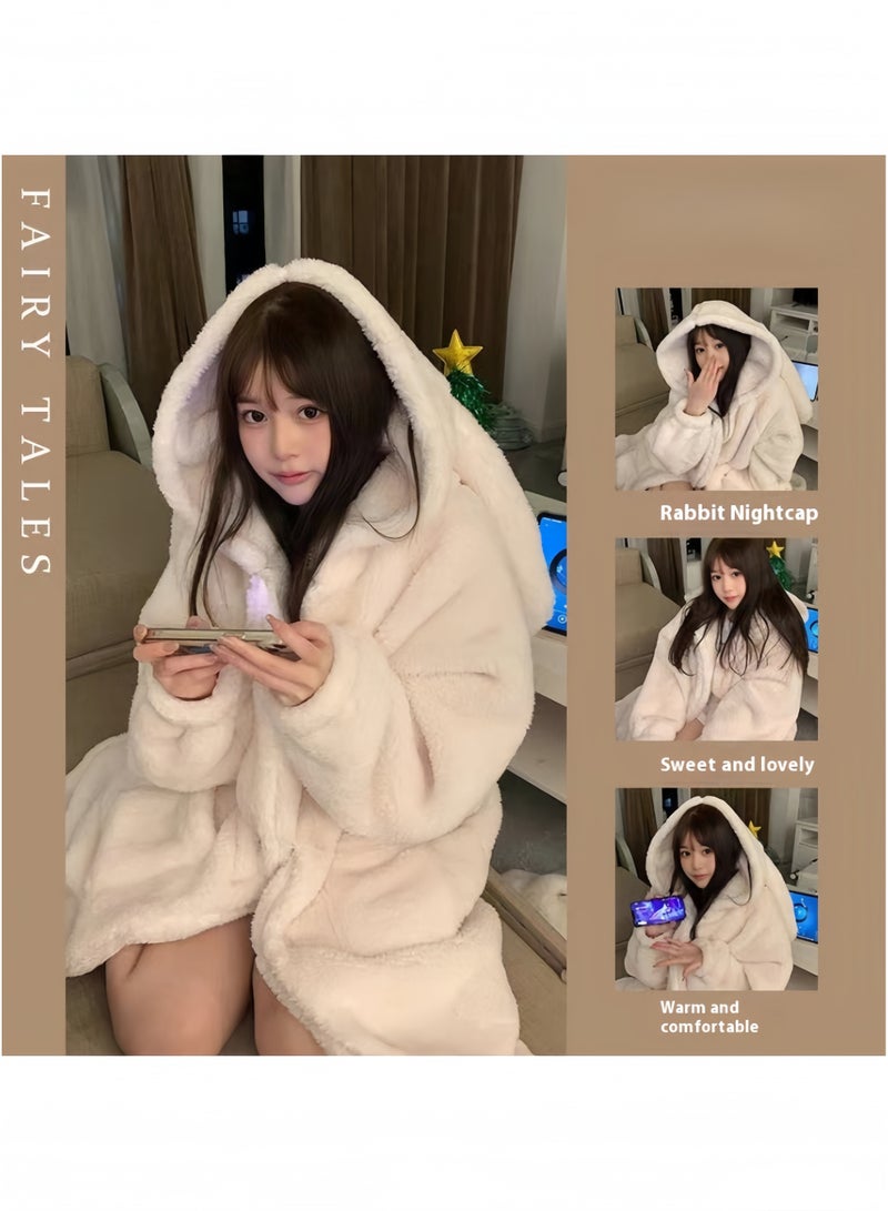 جيجيرو رداء حمام نسائي شتوي ناعم مع غطاء رأس على شكل آذان أرنب، مصنوع من الصوف السميك الناعم، رداء حمام بسحاب، رداء كيمونو لطيف برسومات كرتونية، بيجاما مريحة لوزن من 55 إلى 65 كجم - Image 2