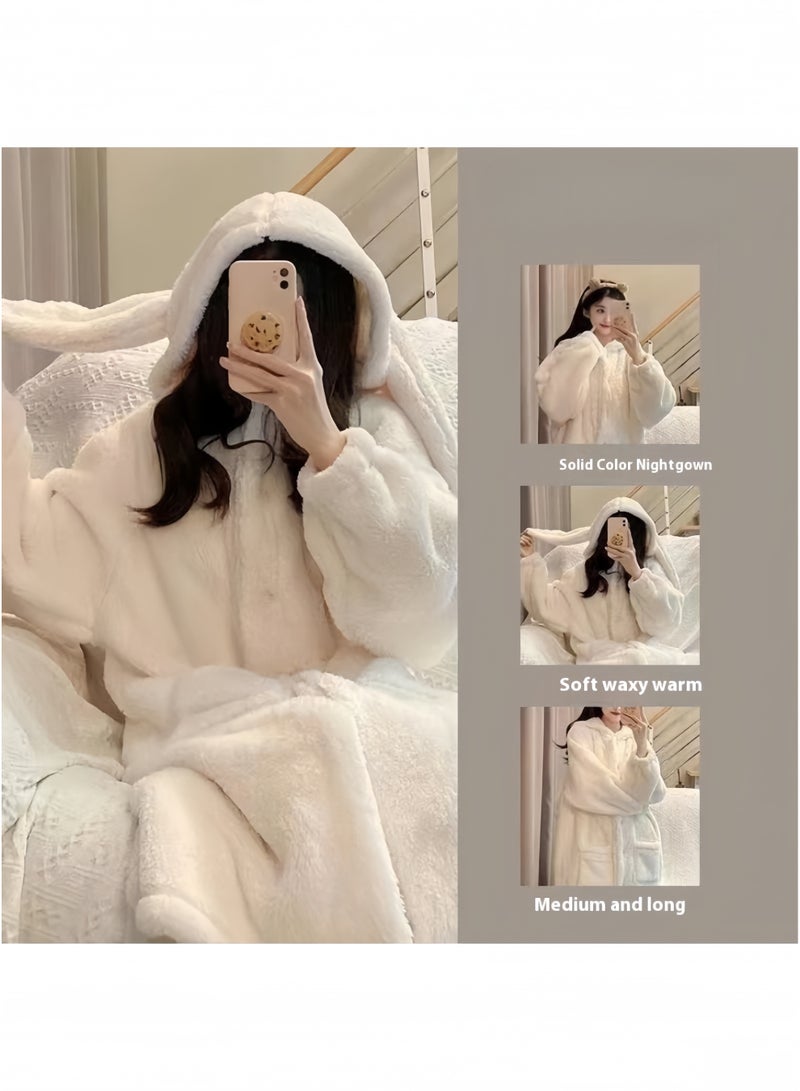 جيجيرو رداء حمام نسائي شتوي ناعم مع غطاء رأس على شكل آذان أرنب، مصنوع من الصوف السميك الناعم، رداء حمام بسحاب، رداء كيمونو لطيف برسومات كرتونية، بيجاما مريحة لوزن من 55 إلى 65 كجم - Image 3