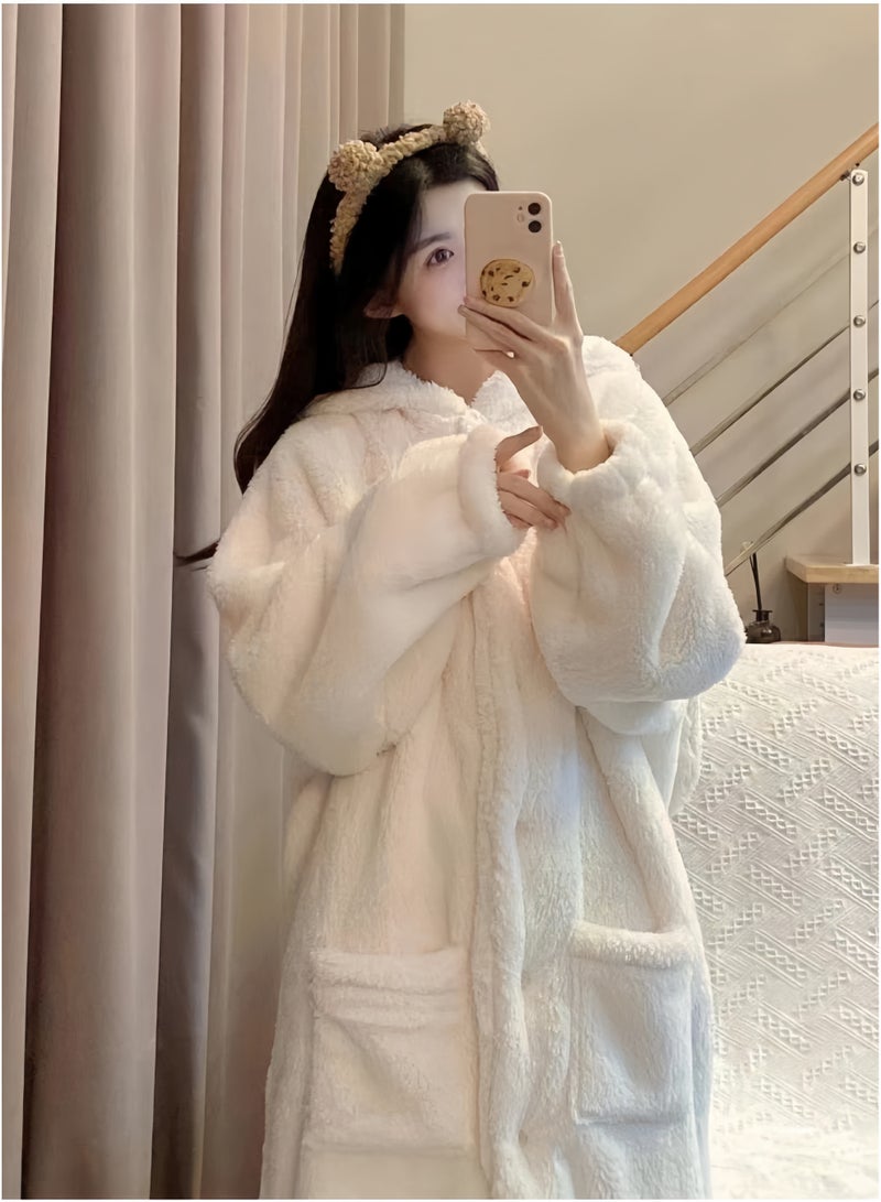 جيجيرو رداء حمام نسائي شتوي ناعم مع غطاء رأس على شكل آذان أرنب، مصنوع من الصوف السميك الناعم، رداء حمام بسحاب، رداء كيمونو لطيف برسومات كرتونية، بيجاما مريحة لوزن من 55 إلى 65 كجم - Image 4