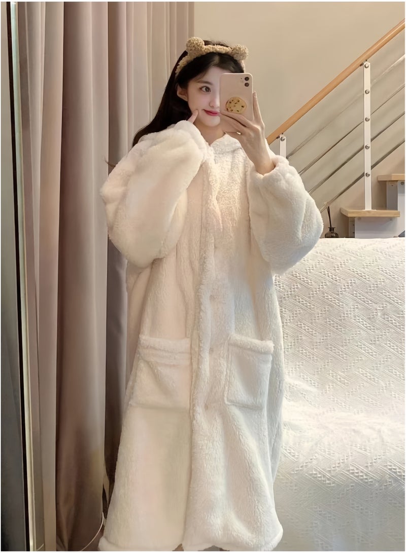 جيجيرو رداء حمام نسائي شتوي ناعم مع غطاء رأس على شكل آذان أرنب، مصنوع من الصوف السميك الناعم، رداء حمام بسحاب، رداء كيمونو لطيف برسومات كرتونية، بيجاما مريحة لوزن من 55 إلى 65 كجم - Image 5