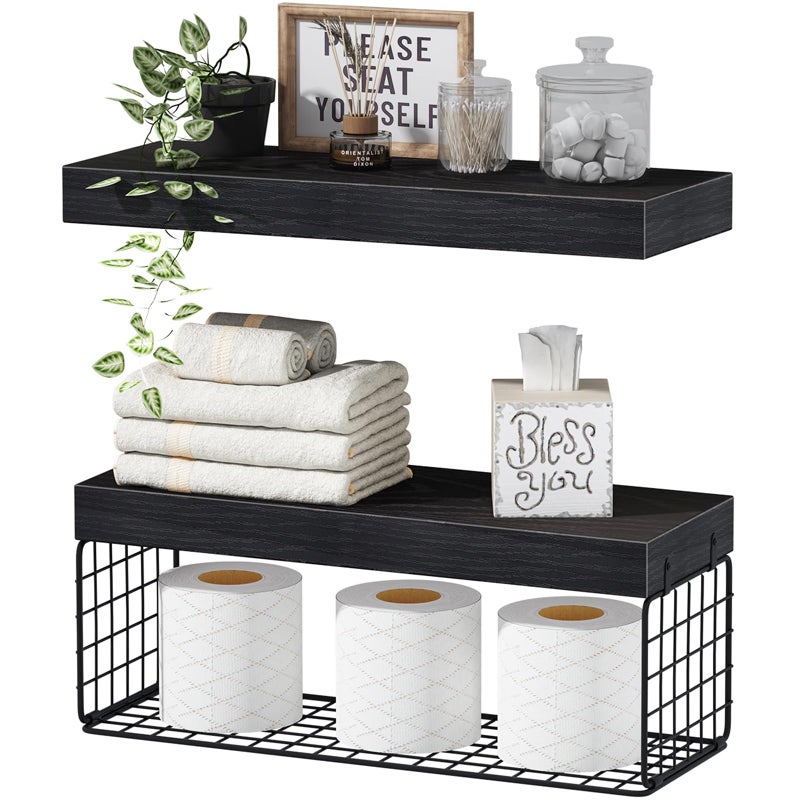 QEEIG Bathroom Shelves Over Toilet - Wall Mounted Floating Shelves Toilet Paper Storage Small Farmhouse Decor Shelf 16 inch Set of 2, Black (019-B2) - Image 1