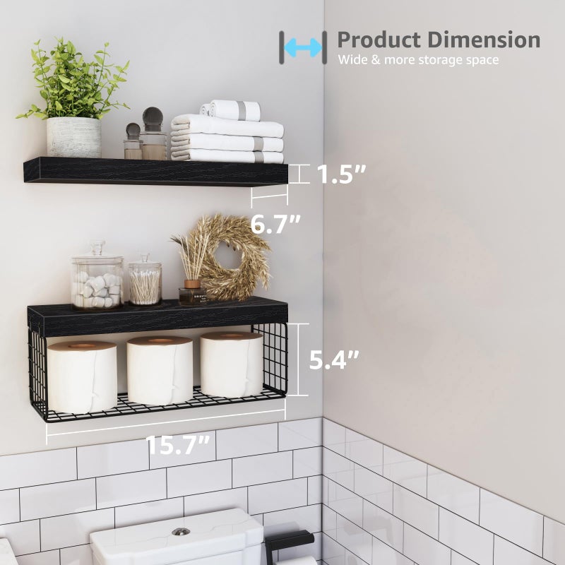 QEEIG Bathroom Shelves Over Toilet - Wall Mounted Floating Shelves Toilet Paper Storage Small Farmhouse Decor Shelf 16 inch Set of 2, Black (019-B2) - Image 3