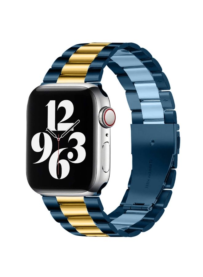 Replacement Strap For Apple Watch Series 9&8&7 41mm / SE 3&SE 2&6&SE&5&4 40mm / 3&2&1 38mm Fold Buckle 3 Beads Stainless Steel Watch Band Gold Blue