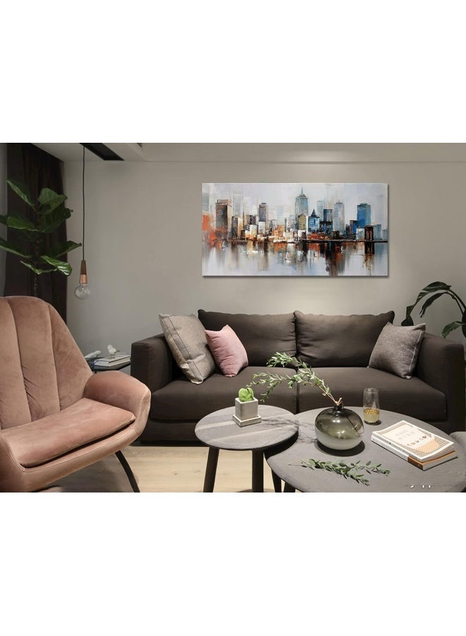 Home Trove Arjun Brooklyn Bridge Wall Art Modern New York City Abstract Canvas Cityscape Painting Large Size Framed, Colorful Nyc Skyline Textured Picture For Living Room Bedroom Home Office Wall Decor, 40"X20"  - Image 3