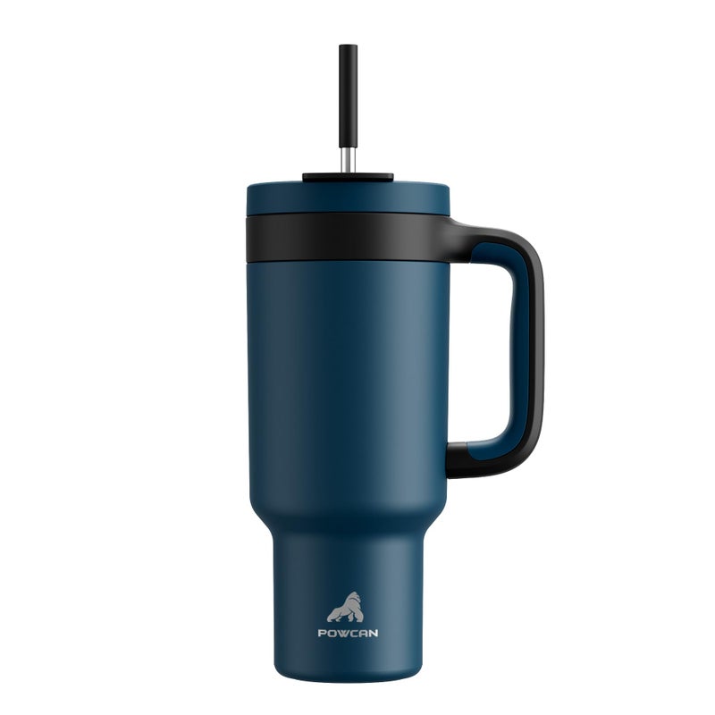 POWCAN 40 oz Tumbler with Handle 2in1 Straw and Sip Lid Leakproof Dishwasher Safe Insulated Stainless Steel Travel Coffee Mug Keeps Cold for 34 Hours Fits in Car Cup Holder Deepsea