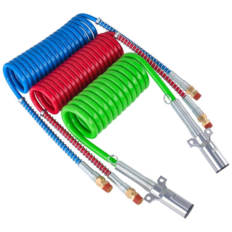 CheeMuii 15 Ft Coiled Air Brake Hoses ABS Electrical Power Wire Assembly Kit 3 in 1 Semi Truck Air Lines Kit Coiled 7 Way Trailer Cord and Air Brake Hoses for Semi Trucks Trailers Tractors