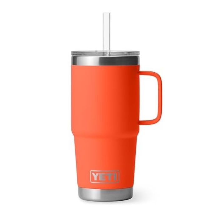 YETI Rambler 25 oz Tumbler with Handle and Straw Lid, Travel Mug Water Tumbler, Vacuum Insulated Cup with Handle, Stainless Steel, Papaya