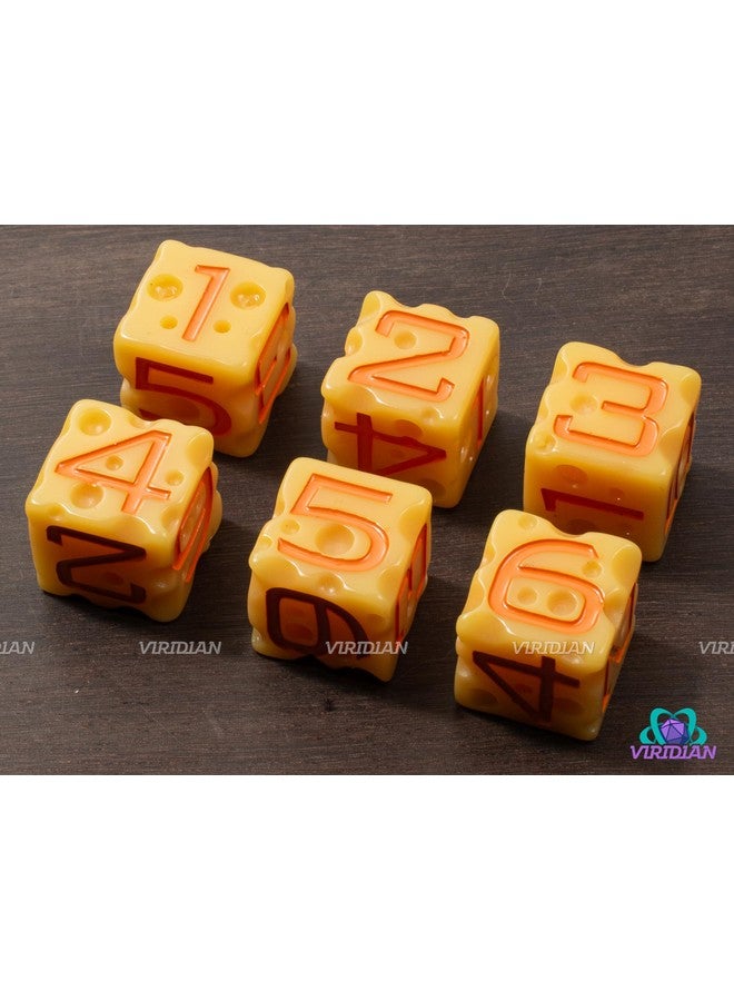 Viridian Cheese D&D D6 Dice Set (Light-Yellow & Orange Nacho Color) With Swiss Holes | Dnd/Ttrpg 6 Piece D6 Polyhedral Resin Set - Image 4