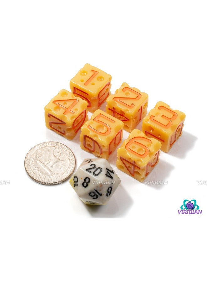 Viridian Cheese D&D D6 Dice Set (Light-Yellow & Orange Nacho Color) With Swiss Holes | Dnd/Ttrpg 6 Piece D6 Polyhedral Resin Set - Image 2