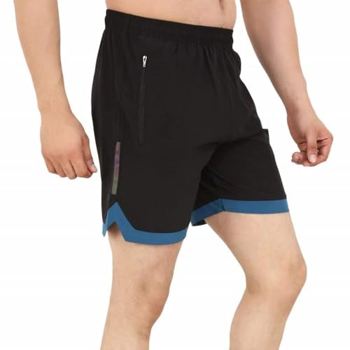 NEVER LOSE Men’s Quick-Dry Athletic Shorts | Premium Polyester Gym Shorts with Secure Zipper Pockets | Breathable Sports Shorts for Running, Yoga & Fitness(in, Alpha, S, Regular, Black+T-Blue) - Image 2