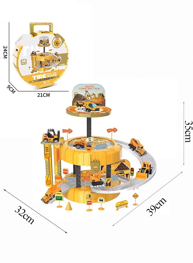 Track Car Playset, Tire-shaped Parking Lot Playset with Helicopter Pad, Race Tracks Boys Toys with Adventure Track and Alloy Racer Car, Toy Car Ramp Track, Construction Play Set, Sturdy Durable Track Car Playset, Educational Toys, Vehicle Playsets for 3+ Year Old Kids, Easy to Storage and Carry  - Image 2