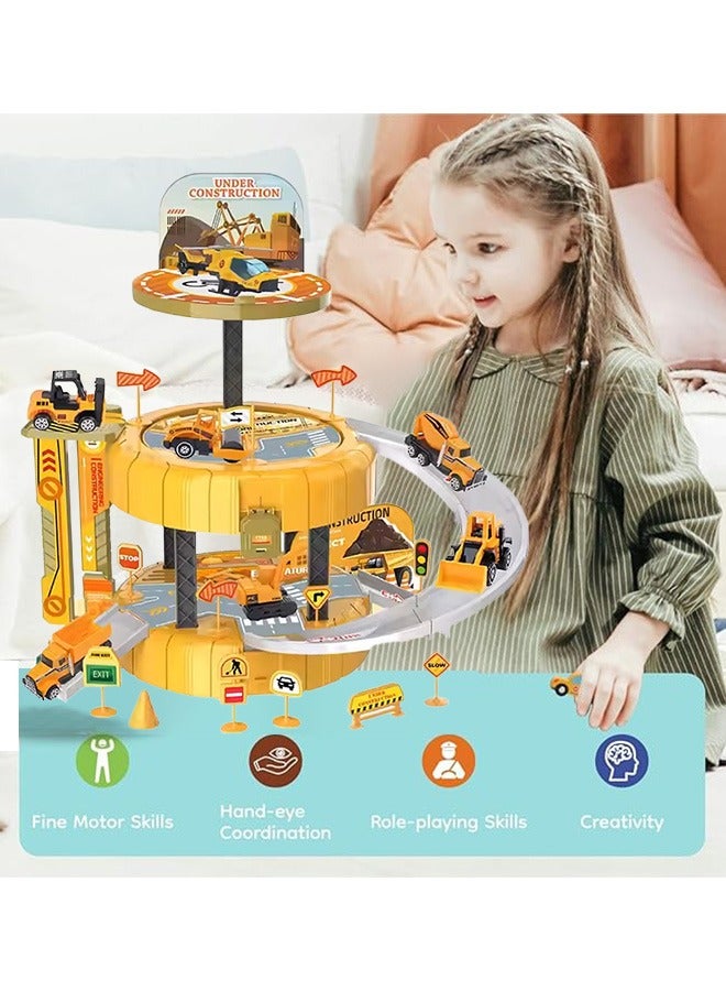 Track Car Playset, Tire-shaped Parking Lot Playset with Helicopter Pad, Race Tracks Boys Toys with Adventure Track and Alloy Racer Car, Toy Car Ramp Track, Construction Play Set, Sturdy Durable Track Car Playset, Educational Toys, Vehicle Playsets for 3+ Year Old Kids, Easy to Storage and Carry  - Image 3