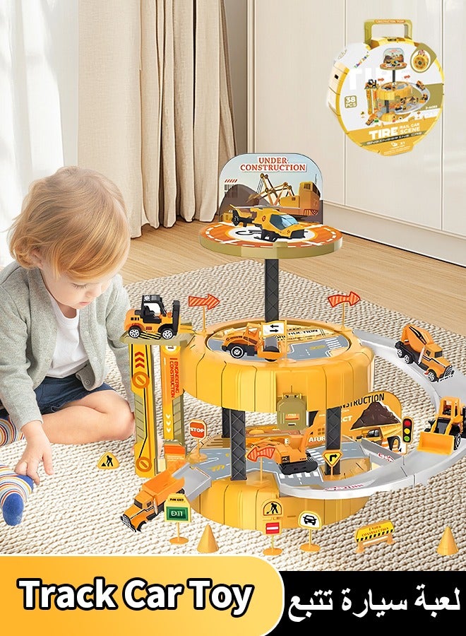 Track Car Playset, Tire-shaped Parking Lot Playset with Helicopter Pad, Race Tracks Boys Toys with Adventure Track and Alloy Racer Car, Toy Car Ramp Track, Construction Play Set, Sturdy Durable Track Car Playset, Educational Toys, Vehicle Playsets for 3+ Year Old Kids, Easy to Storage and Carry  - Image 1
