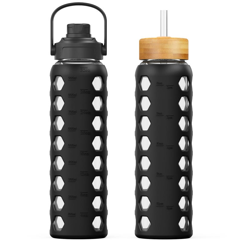 MUKOKO 32oz Glass Water Bottles with 2 LidsHandle Spout LidBamboo Straw Lid Motivational Water Tumbler with Time Marker Reminder and Silicone Sleeve LeakproofBlack1 Pack