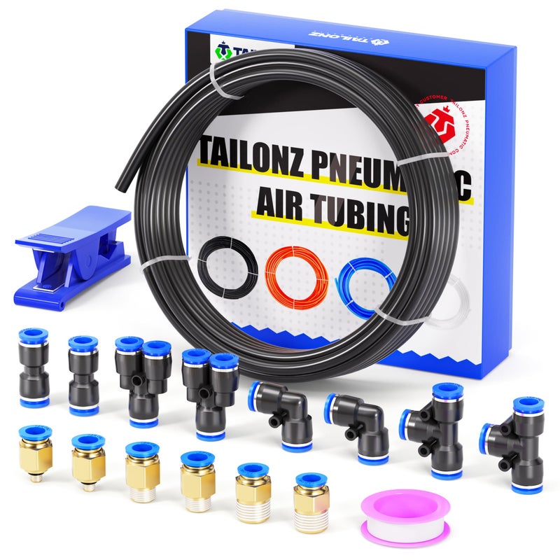 TAILONZ PNEUMATIC Black 6mm OD 4mm ID Polyurethane PU Air Hose Pipe Tube Kit 10 Meter 32.8ft - Image 1
