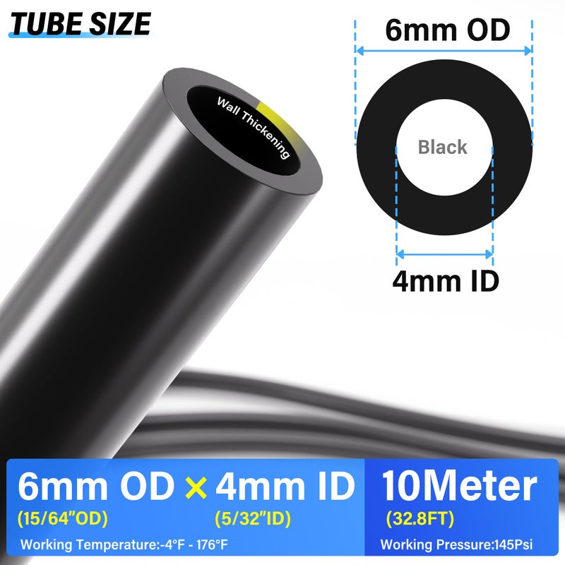 TAILONZ PNEUMATIC Black 6mm OD 4mm ID Polyurethane PU Air Hose Pipe Tube Kit 10 Meter 32.8ft - Image 2