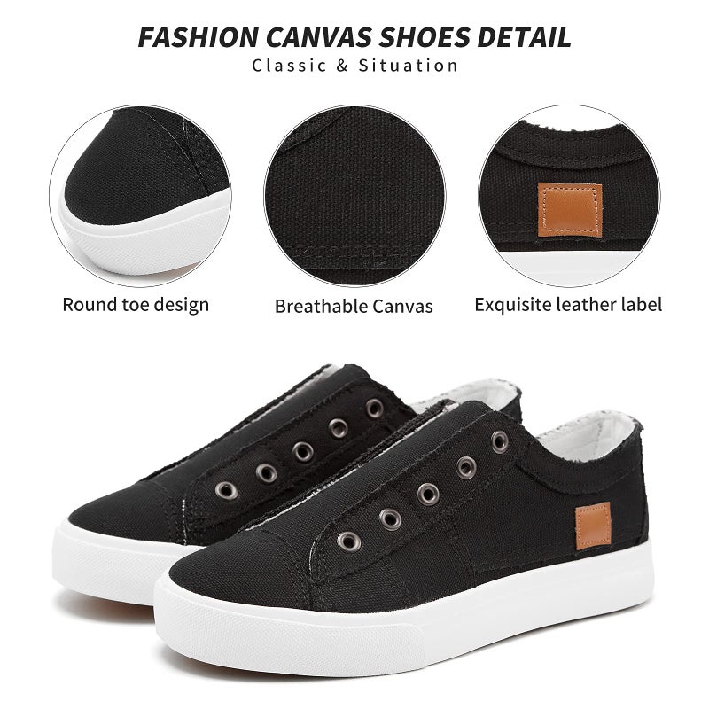XRH Women's Slip on Shoes Non Slip Fashion Canvas Sneakers Low Top Casual Shoes(Black,US7) - Image 3
