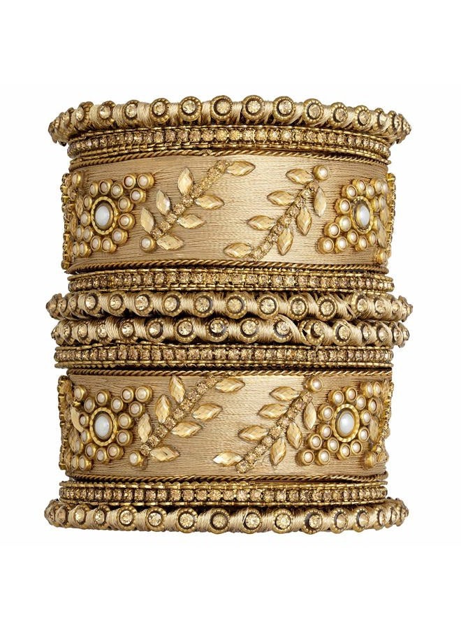 Aheli Traditional Wedding Designer Silk Thread Faux Stone Studded Bridal Bangle Set Chuda Indian Ethnic Bollywood Fashion Jewelry for Women (Golden) - Image 1