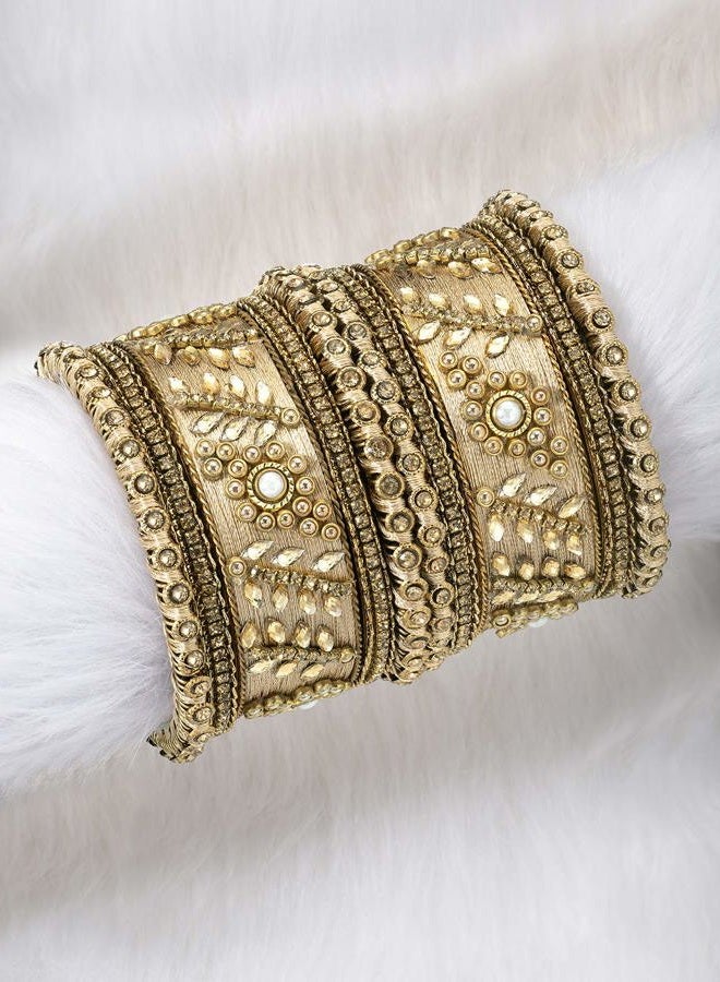 Aheli Traditional Wedding Designer Silk Thread Faux Stone Studded Bridal Bangle Set Chuda Indian Ethnic Bollywood Fashion Jewelry for Women (Golden) - Image 3