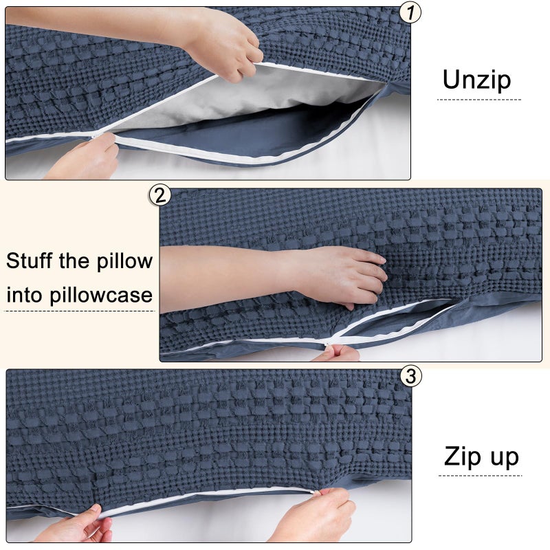 PHF غطاء وسادة جسم من قطن 100% بتصميم وافل مع سحاب  1 عبوة 20" × 54" ناعم وقابل للتنفس وصديق للبشرة  غطاء وسادة زخرفي بتصميم وافل  بدون حشوة  أزرق داكن - Image 3