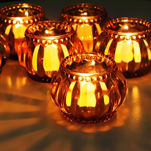 Woho Amber Tealight Candle Holder Set of 6 Tea Lights Candle Holder for Wedding Table Glass Candle Holders Bulk for Home Decor