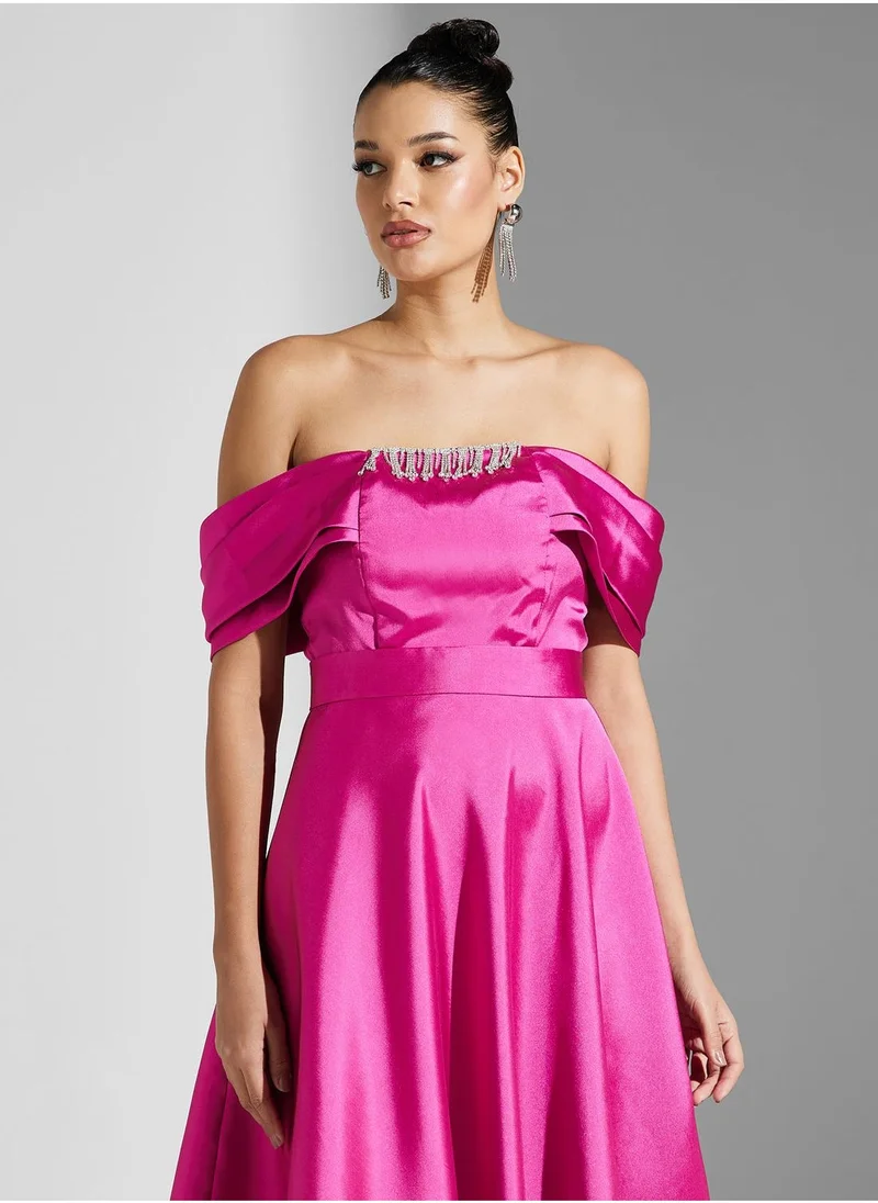 Akadia Fashion Satin Off-Shoulder Dress