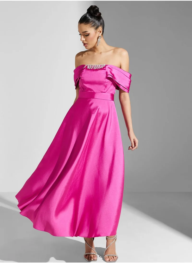 Akadia Fashion Satin Off-Shoulder Dress